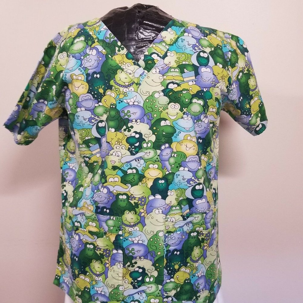 Nursing Scrubs Top Frogs Aliens Green Size 44" Vet